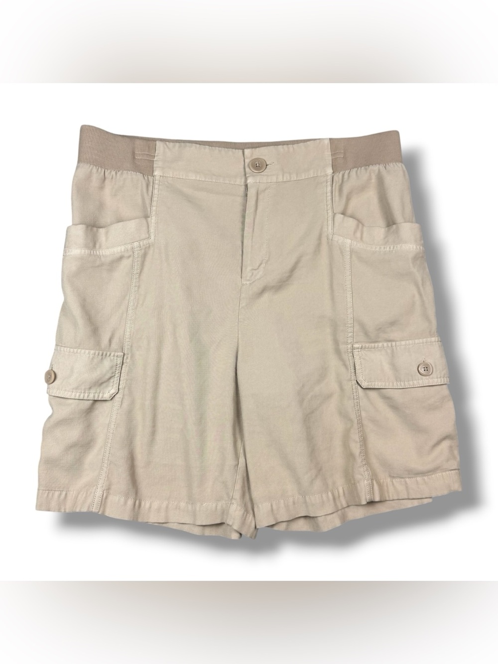 Soft Surroundings Bayside Shorts Womens L Khaki Cargo Utility Casual Rayon Blend